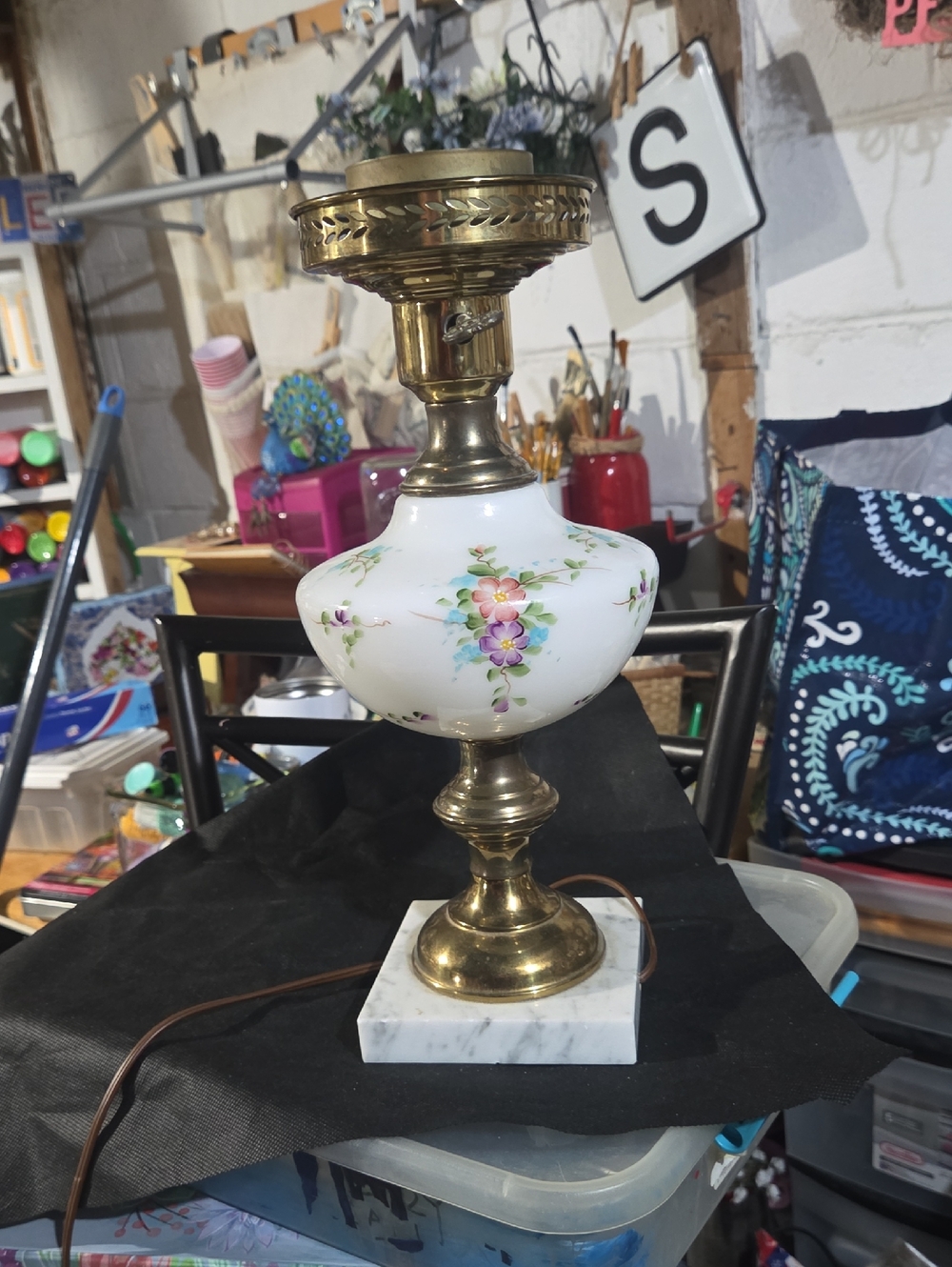 Vintage Milk Glass Brass Converted Hurricane Lamp On Marble Stand To Electric